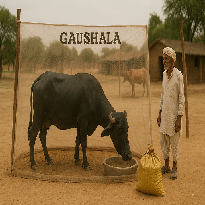 “Cow covered with mosquito net in dairy shed”